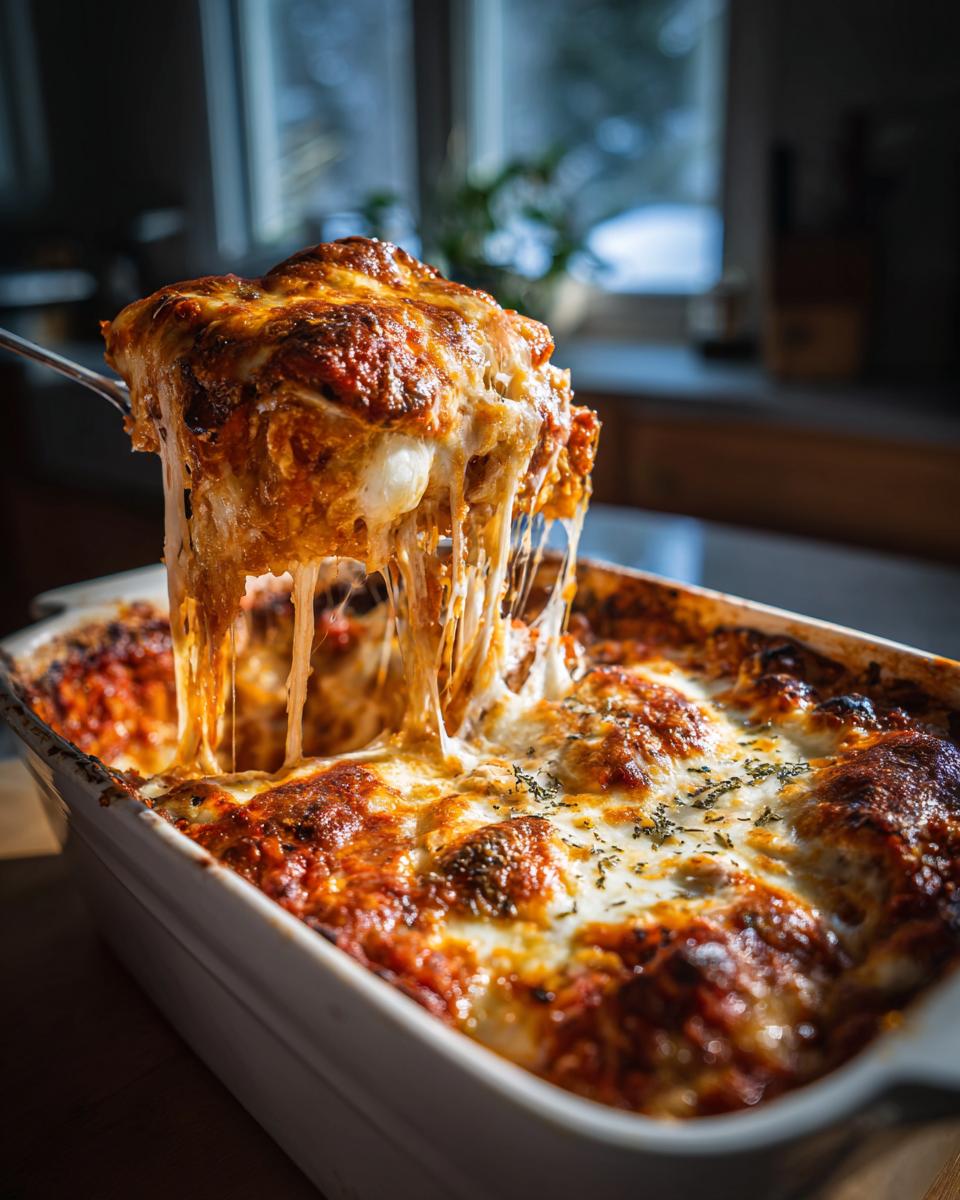 A slice of delicious eggplant parmesan bake being lifted, showing melted cheese and layers of eggplant.