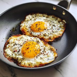 Two feta fried eggs cooking in a pan, seasoned with herbs and spices. Crispy, cheesy feta fried eggs.