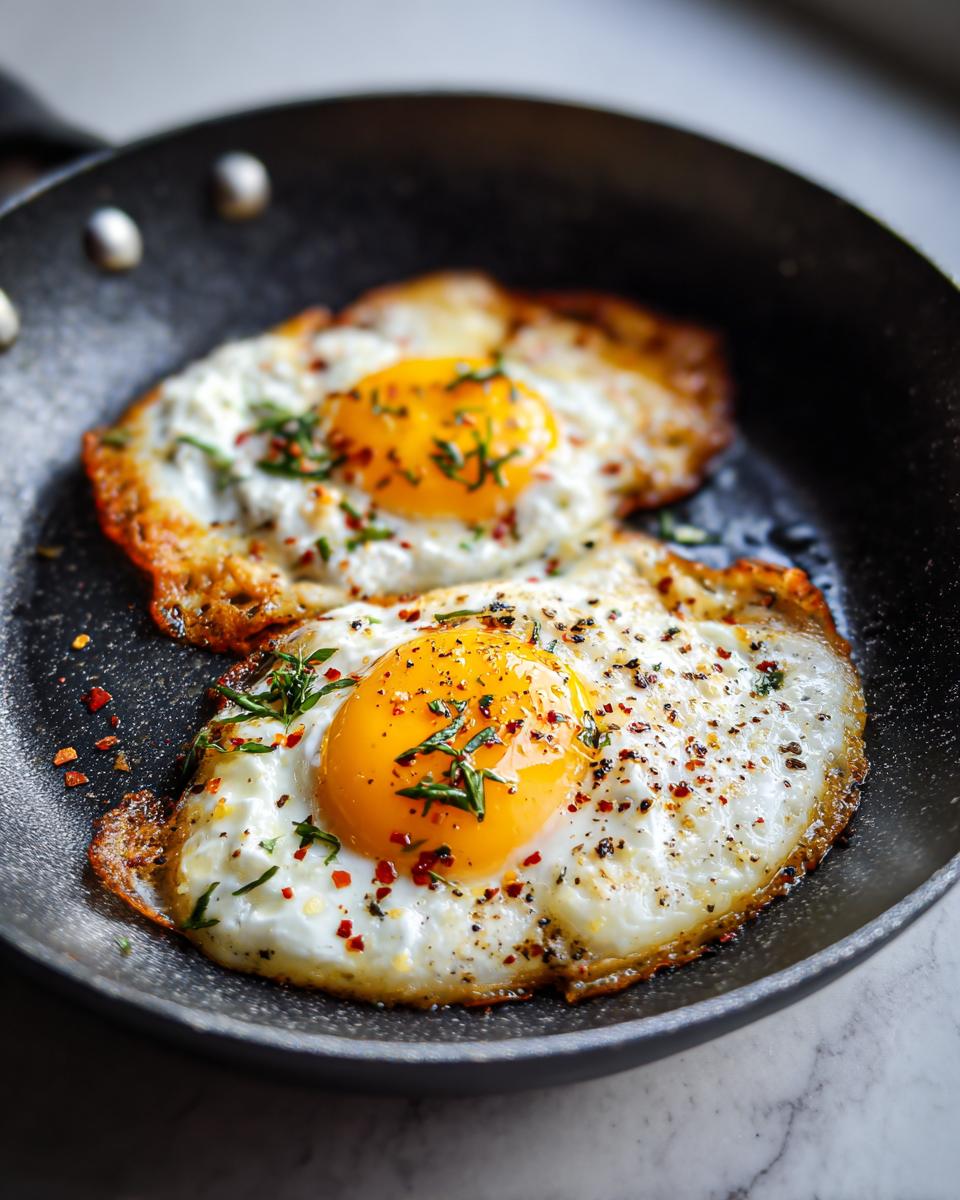 Two Feta Fried Eggs cooking in a pan, seasoned with herbs and spices, showing crispy edges.