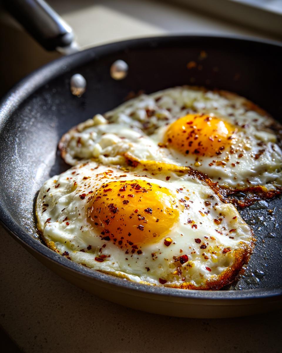 Close-up of two Feta Fried Eggs cooking in a pan, showing crispy edges and bright yolks.