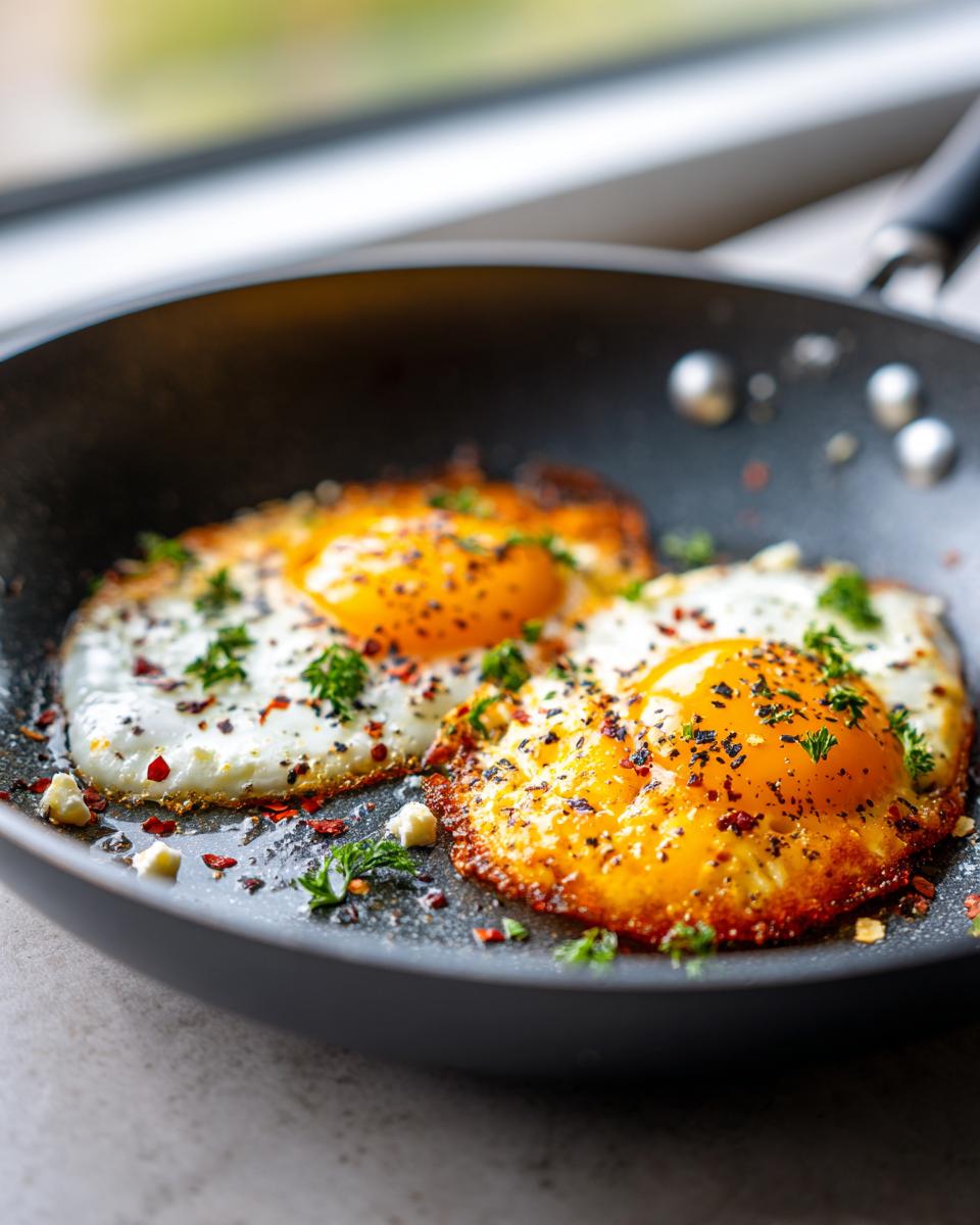 Three Feta Fried Eggs cooking in a non-stick pan, sprinkled with herbs and spices.