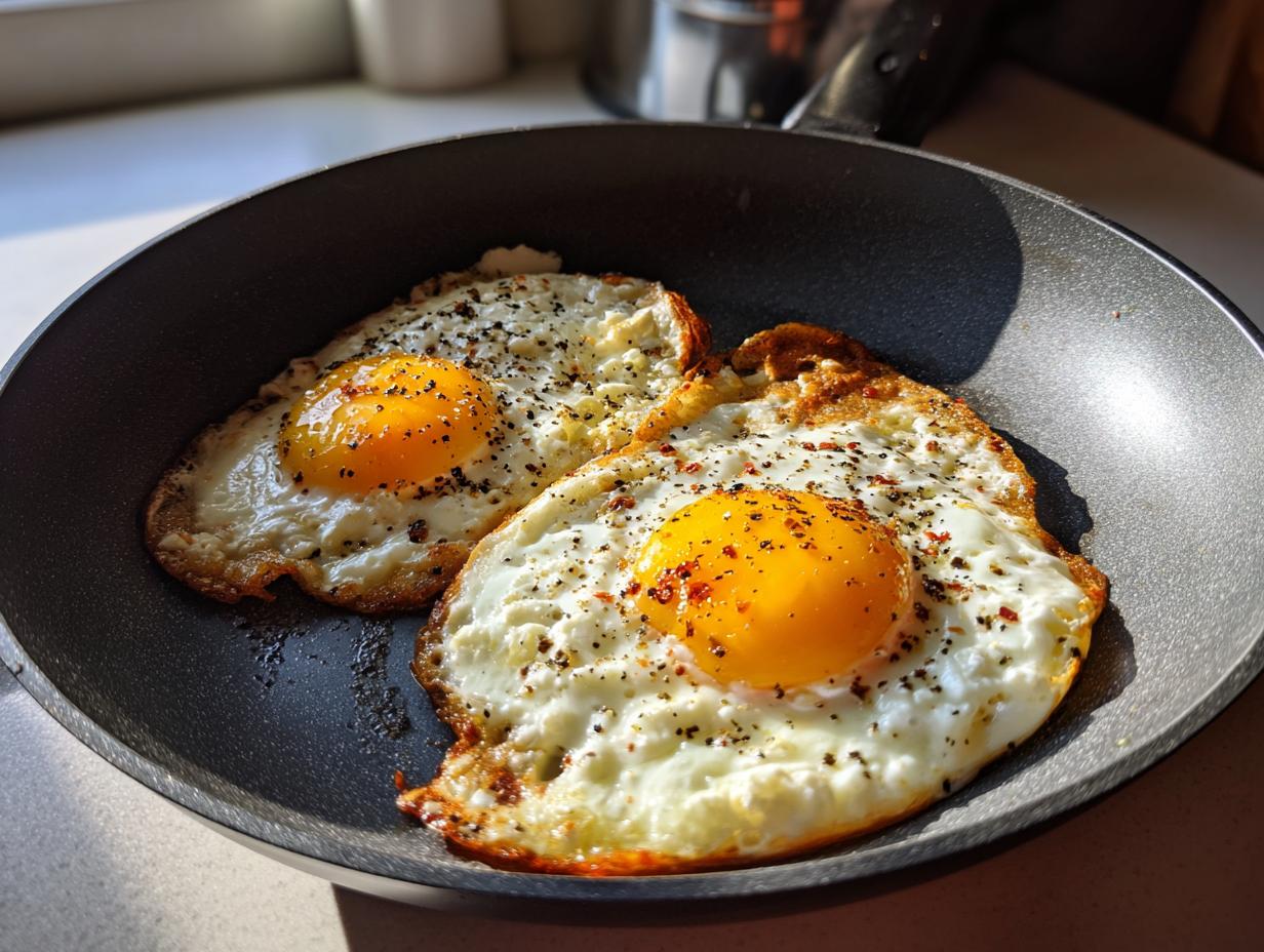 Two Feta Fried Eggs cooking in a skillet, showing crispy edges and seasoned yolks.