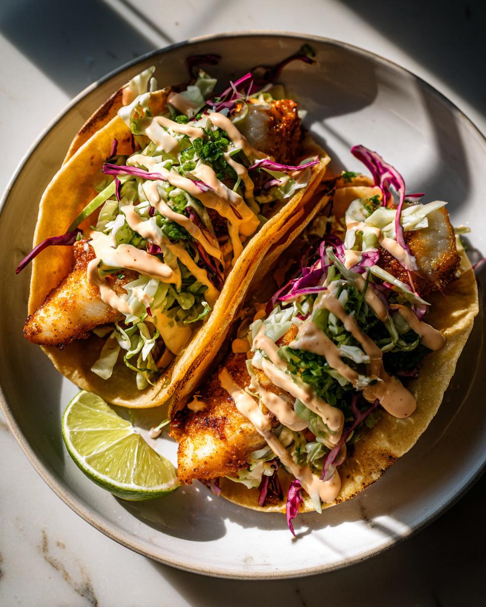 Two fish tacos with slaw, crispy fish, and a creamy sauce, served on a plate with a lime wedge.