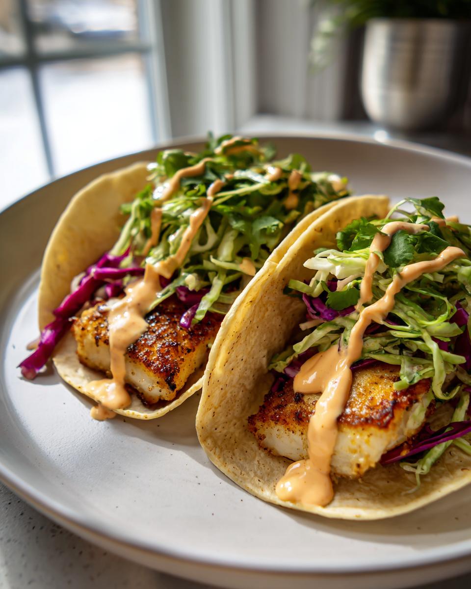 Two crispy fish tacos with slaw, red cabbage, cilantro, and a creamy sauce on a plate.