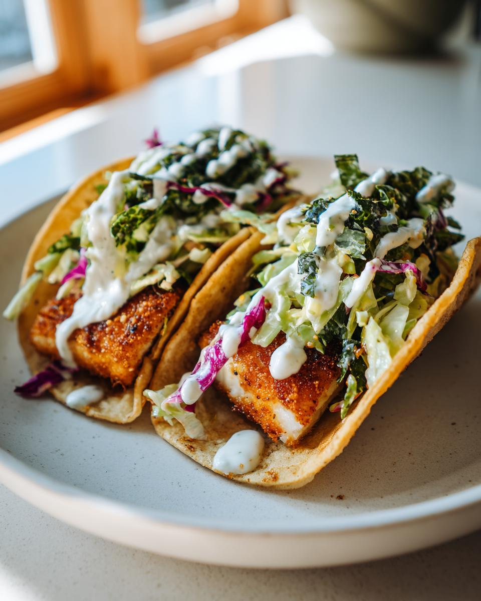 Two crispy fish tacos with slaw and creamy sauce, served on a white plate.
