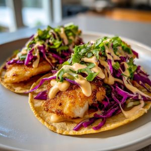 Two crispy fish tacos with slaw, featuring fried fish, purple cabbage, green herbs, and a creamy sauce.