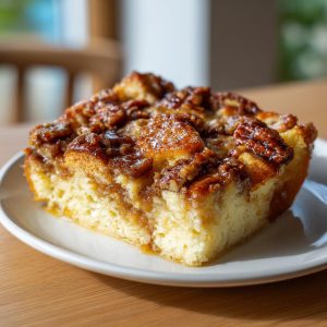A delicious slice of French toast casserole topped with glazed pecans on a white plate.