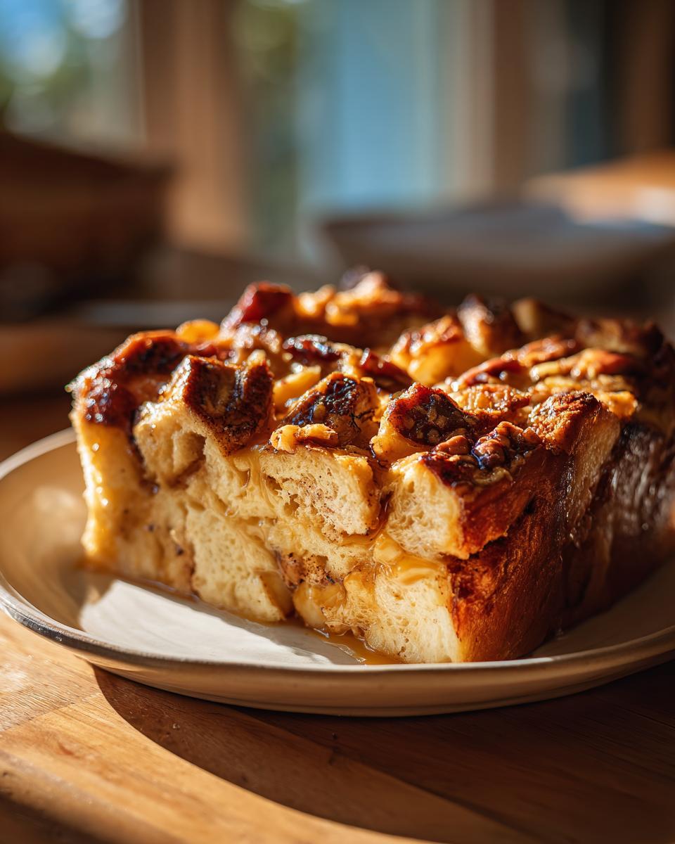 A delectable slice of French toast casserole, showcasing its golden-brown crust and soft, custardy interior.