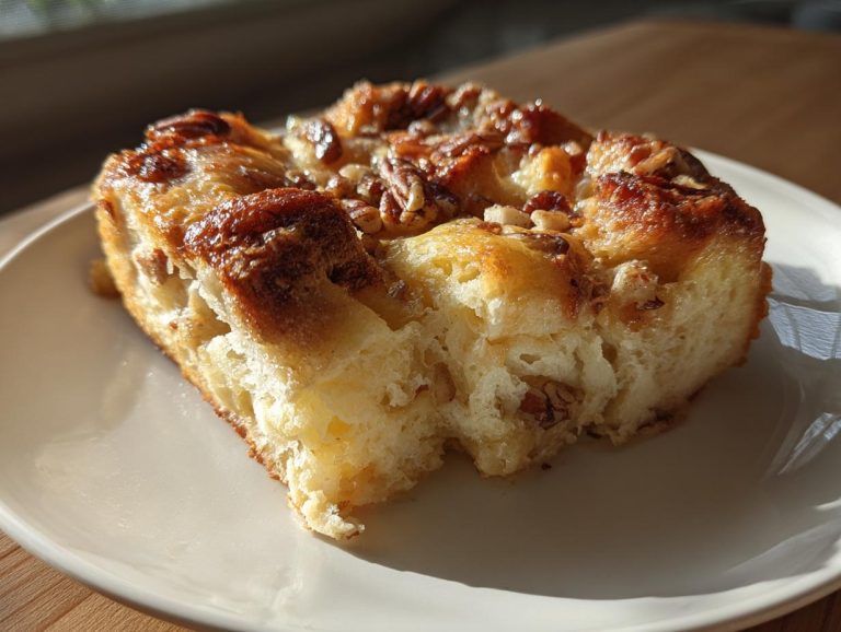A single slice of French toast casserole topped with pecans, served on a white plate.