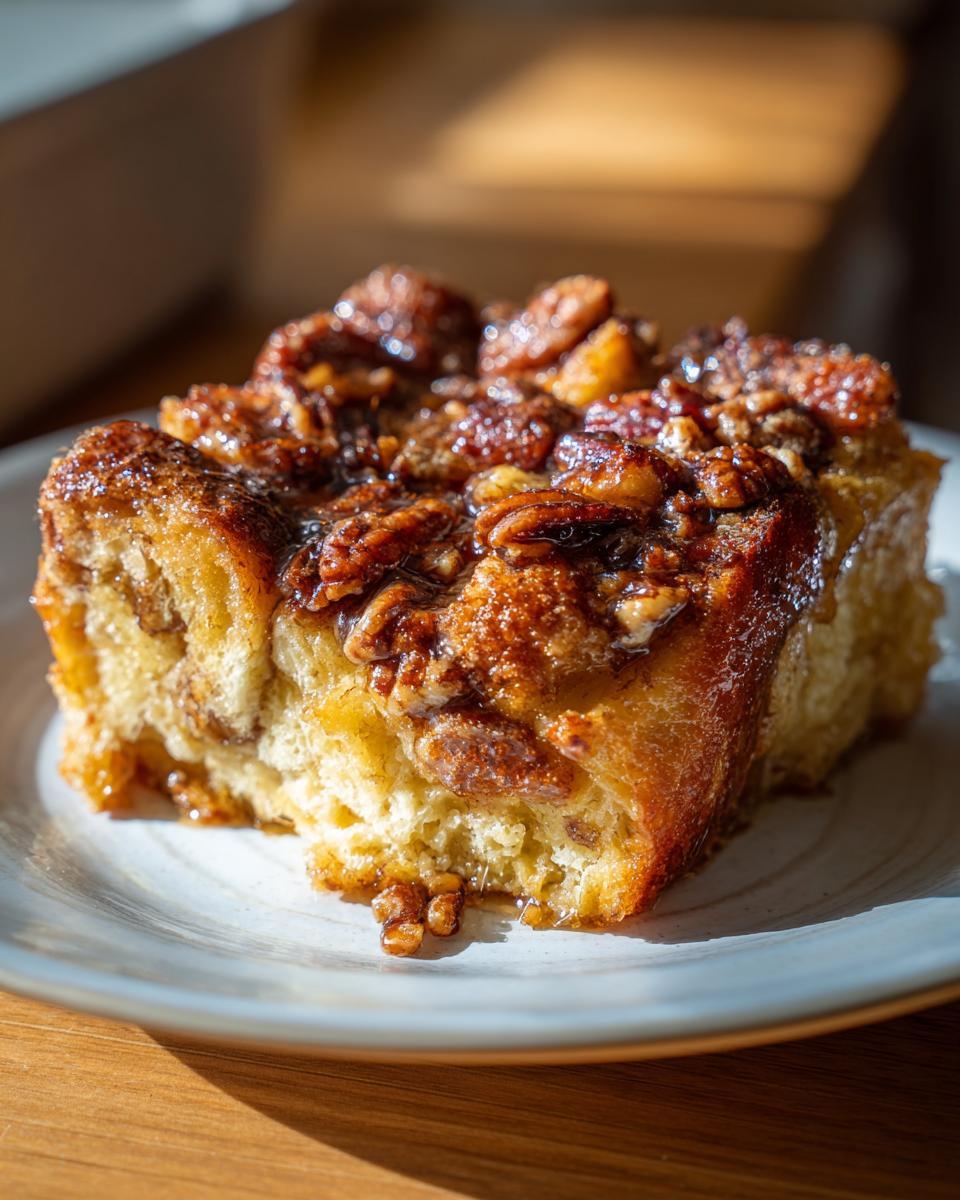 A delicious slice of French toast casserole topped with caramelized pecans, ready to be enjoyed.