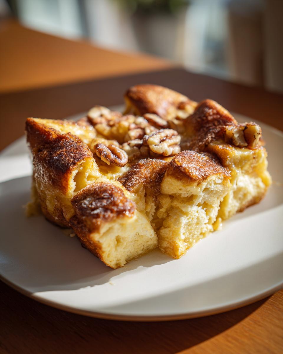 A delicious slice of French toast casserole topped with pecans, ready to be enjoyed.