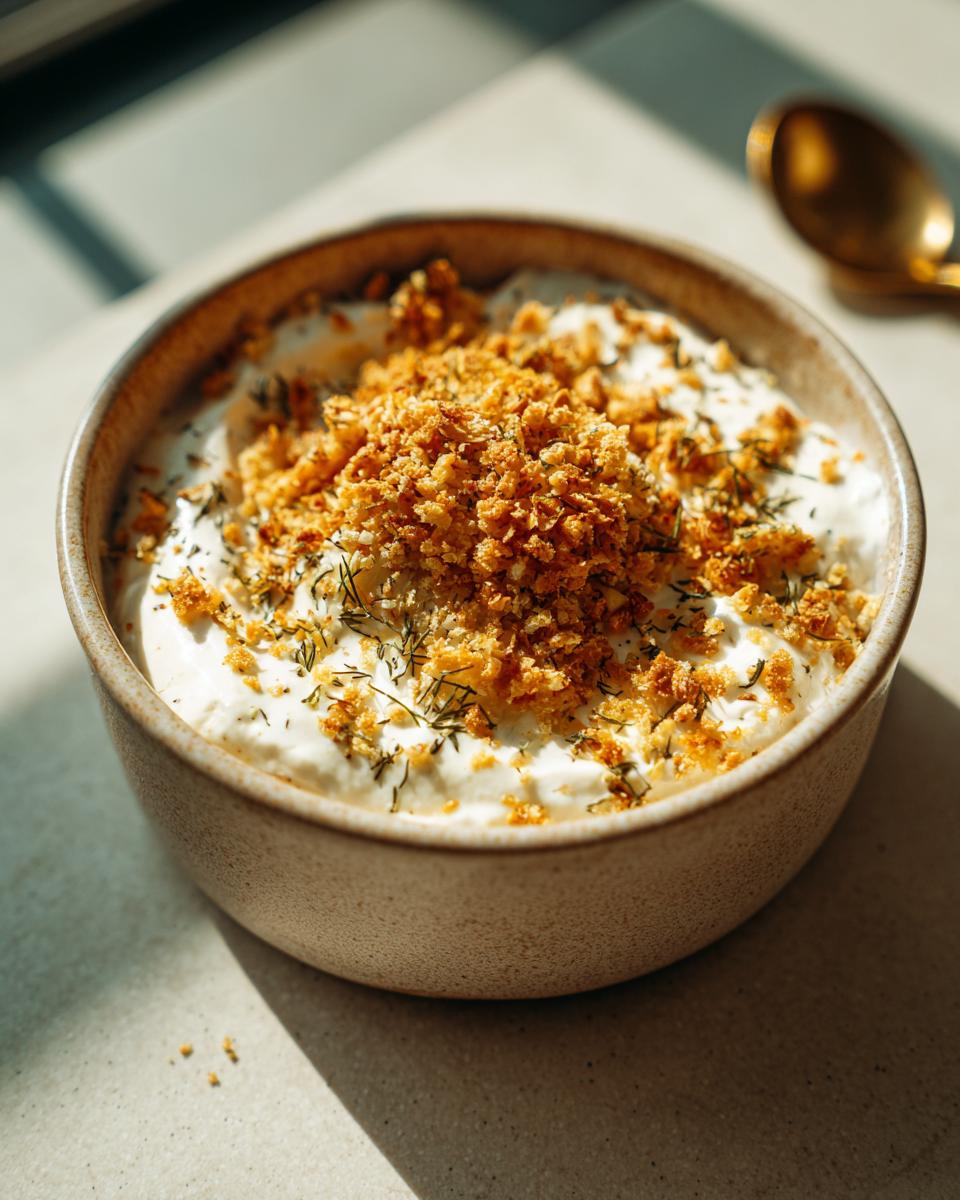 Creamy fried pickle dip in a bowl, topped with fried breading and fresh dill. Ready to serve.