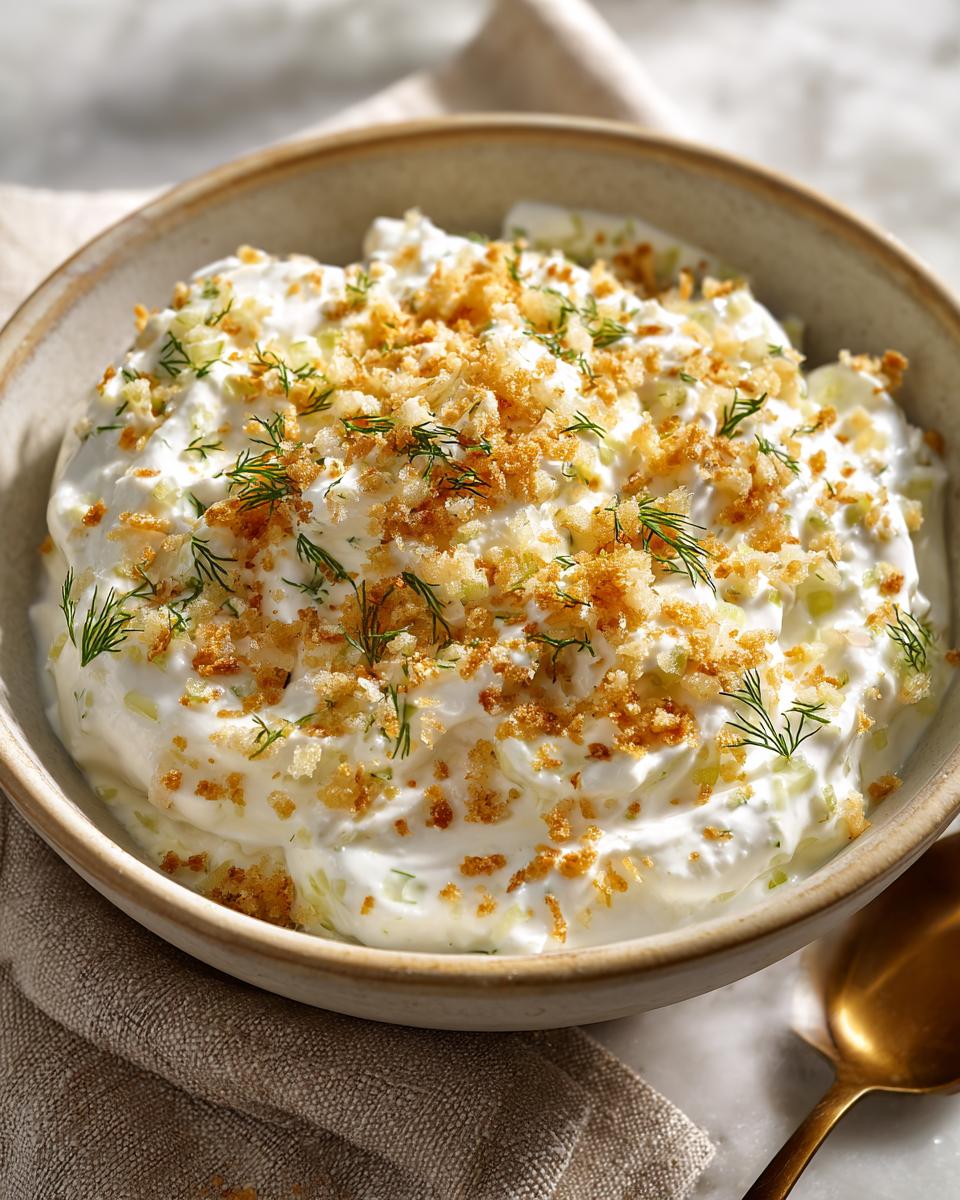 Bowl of creamy fried pickle dip topped with breadcrumbs and dill, ready to serve.