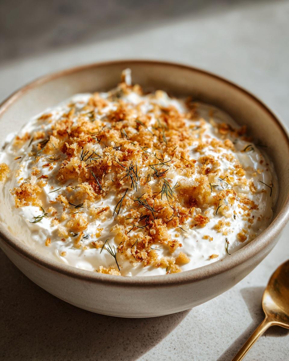 Bowl of creamy fried pickle dip topped with breadcrumbs and dill, ready to serve.