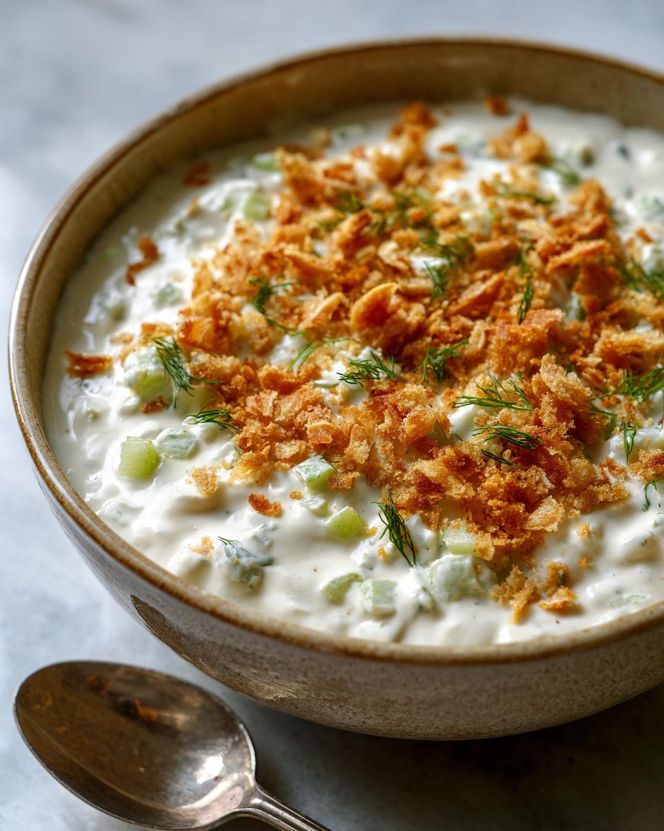 Bowl of creamy fried pickle dip topped with crispy fried bits and fresh dill.