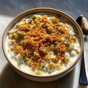 Bowl of creamy fried pickle dip topped with golden breadcrumbs and fresh dill.