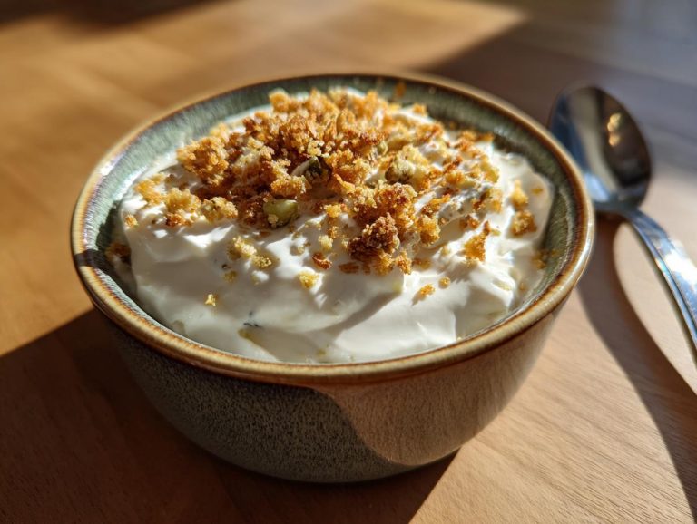 Bowl of creamy fried pickle dip topped with crispy breadcrumbs, with a spoon on a wooden surface.