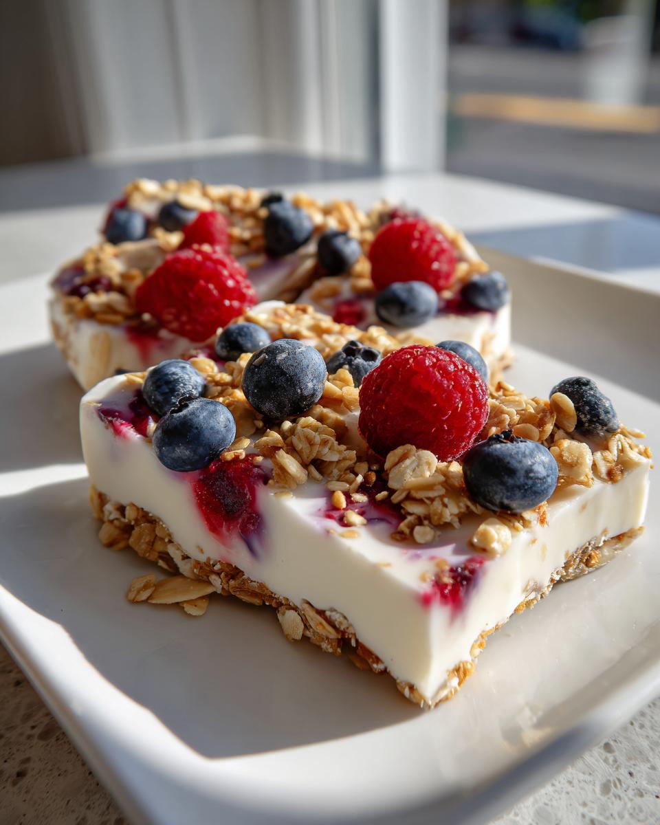 Two pieces of frozen yogurt bark topped with granola, blueberries, and raspberries on a white plate.