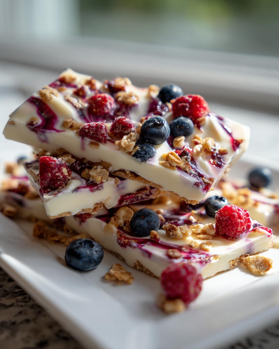 A stack of homemade frozen yogurt bark topped with fresh blueberries, raspberries, and granola.