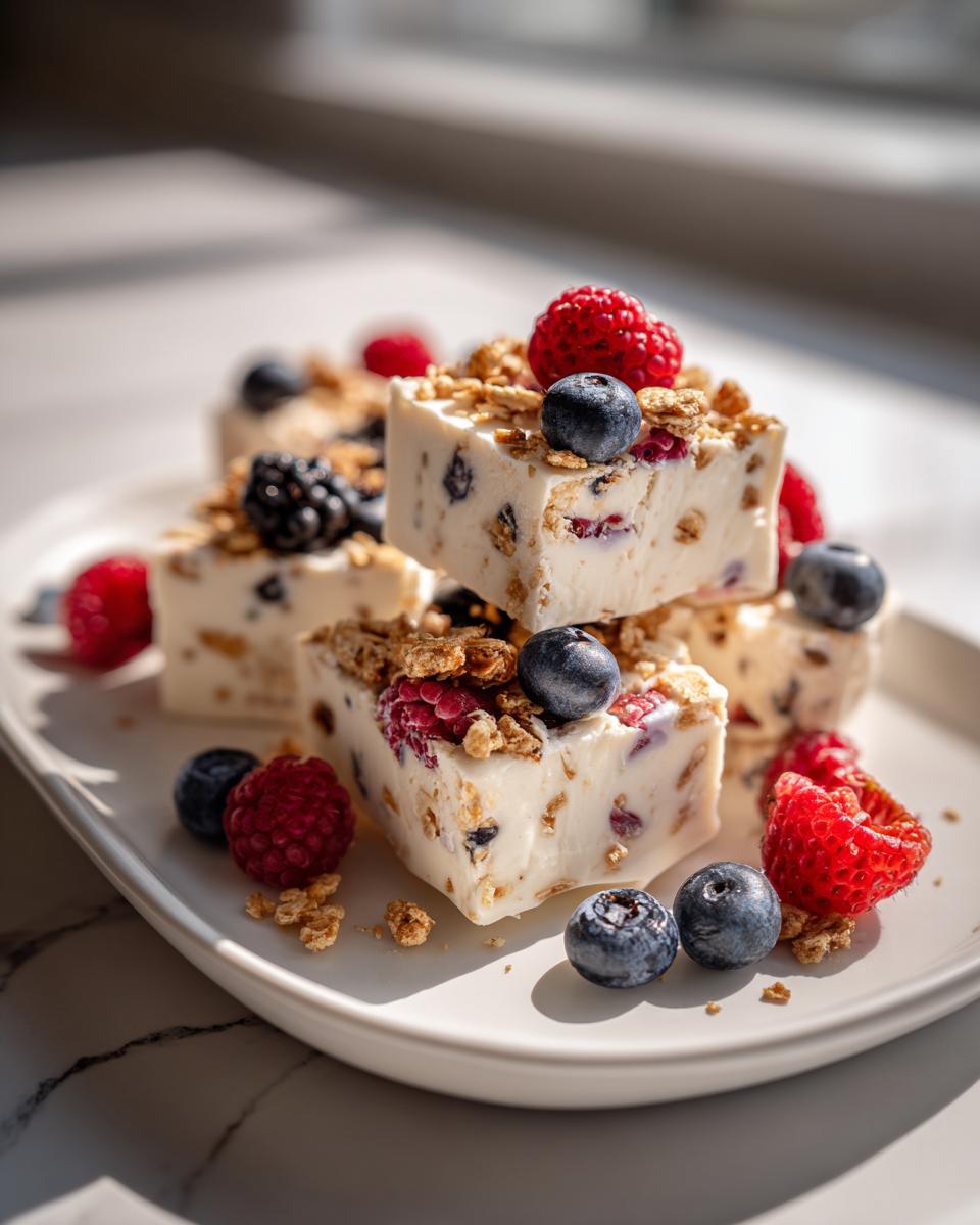A stack of frozen yogurt bark pieces topped with fresh berries and granola.