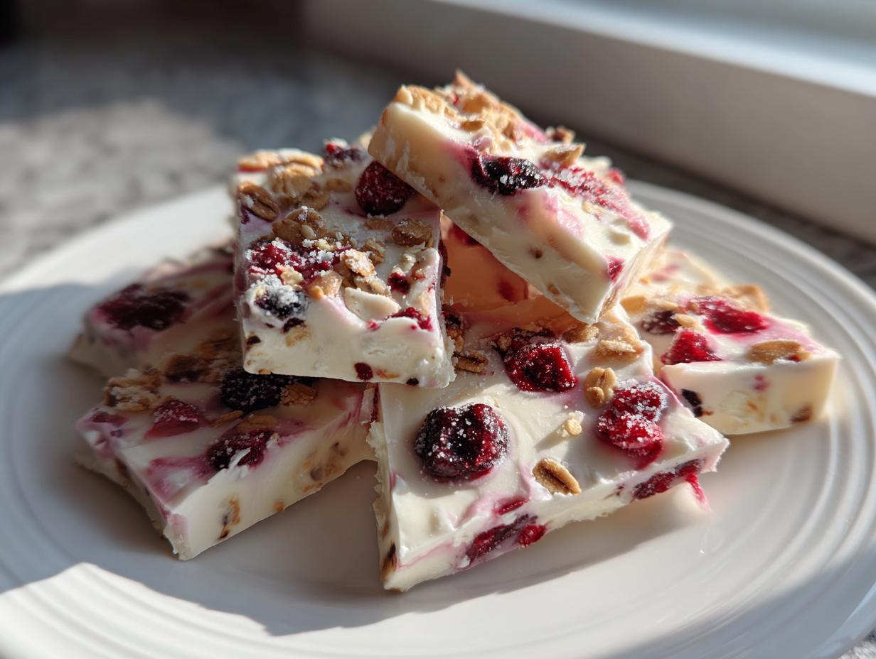 A stack of homemade frozen yogurt bark pieces topped with berries and granola on a white plate.
