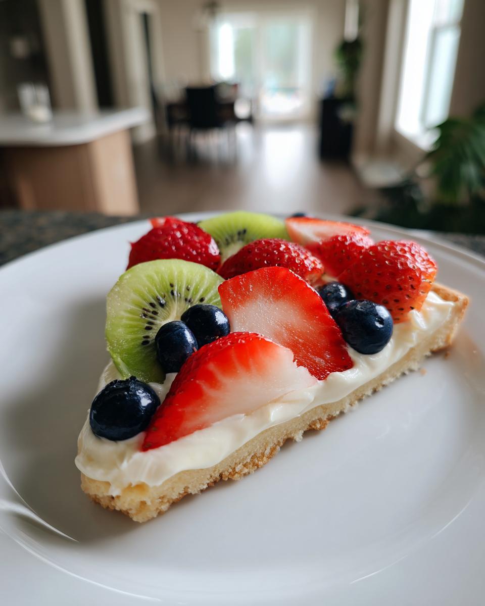 A slice of fruit pizza sugar cookie with strawberries, kiwi, and blueberries on a creamy base.