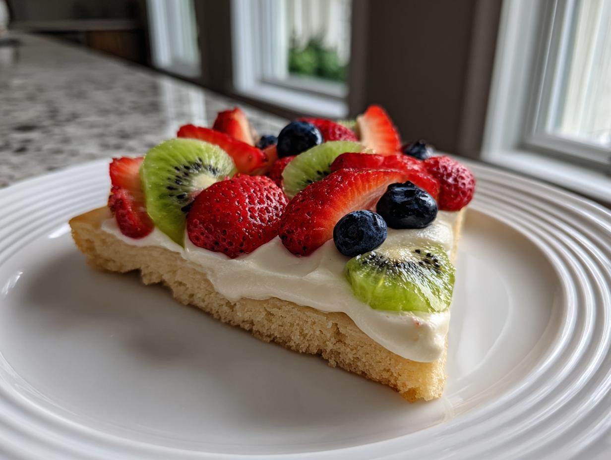 A slice of fruit pizza sugar cookie topped with strawberries, blueberries, and kiwi on a white plate.