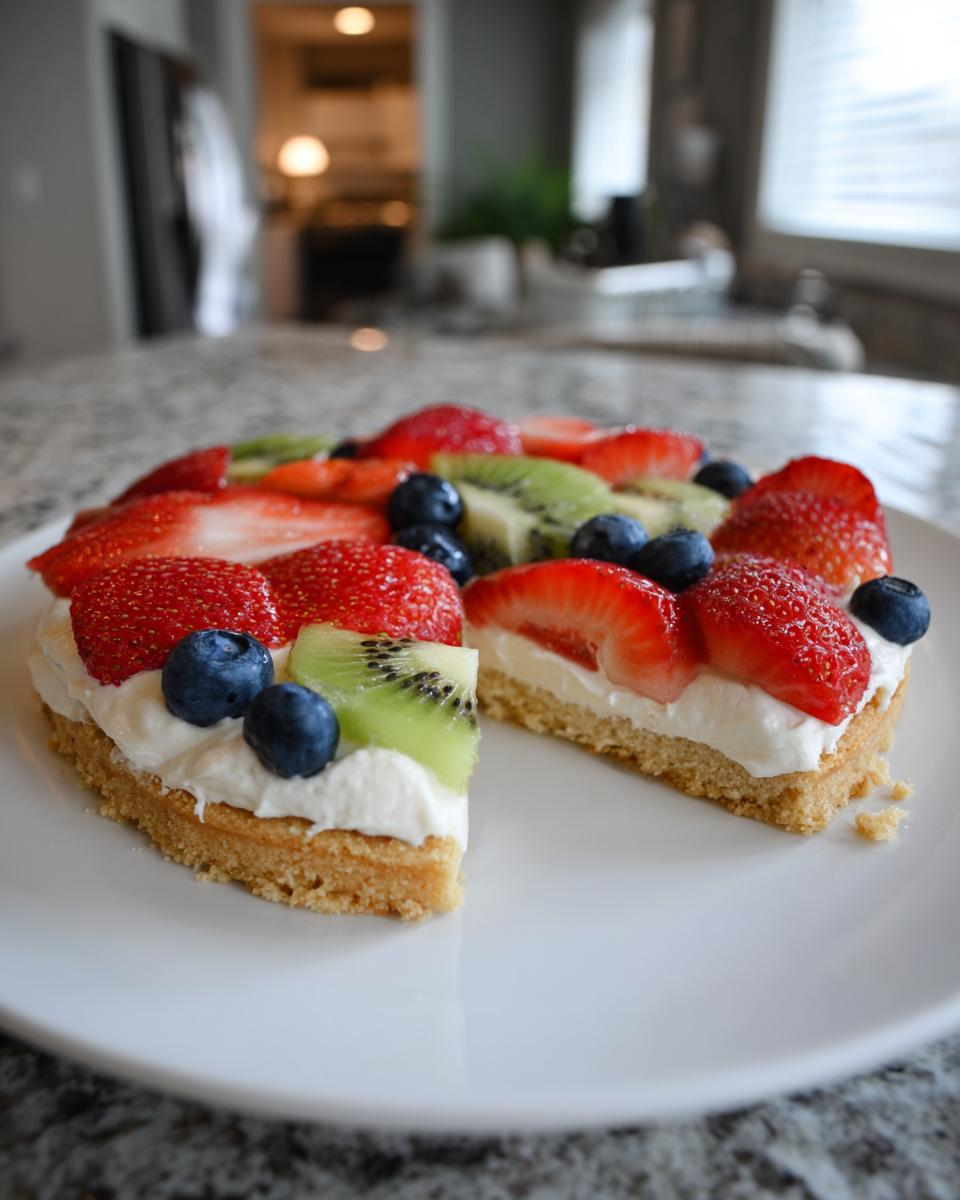 A colorful fruit pizza sugar cookie with strawberries, blueberries, and kiwi on a sugar cookie crust.