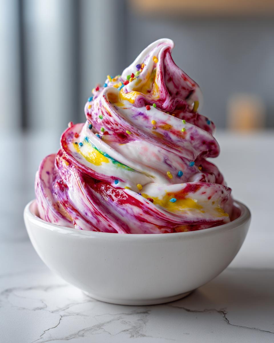 A vibrant bowl of fruit roll-up ice cream swirled with colorful fruit flavors and topped with sprinkles.