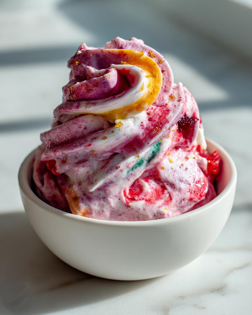 A bowl of homemade Fruit roll-up ice cream with a swirl of color and texture.