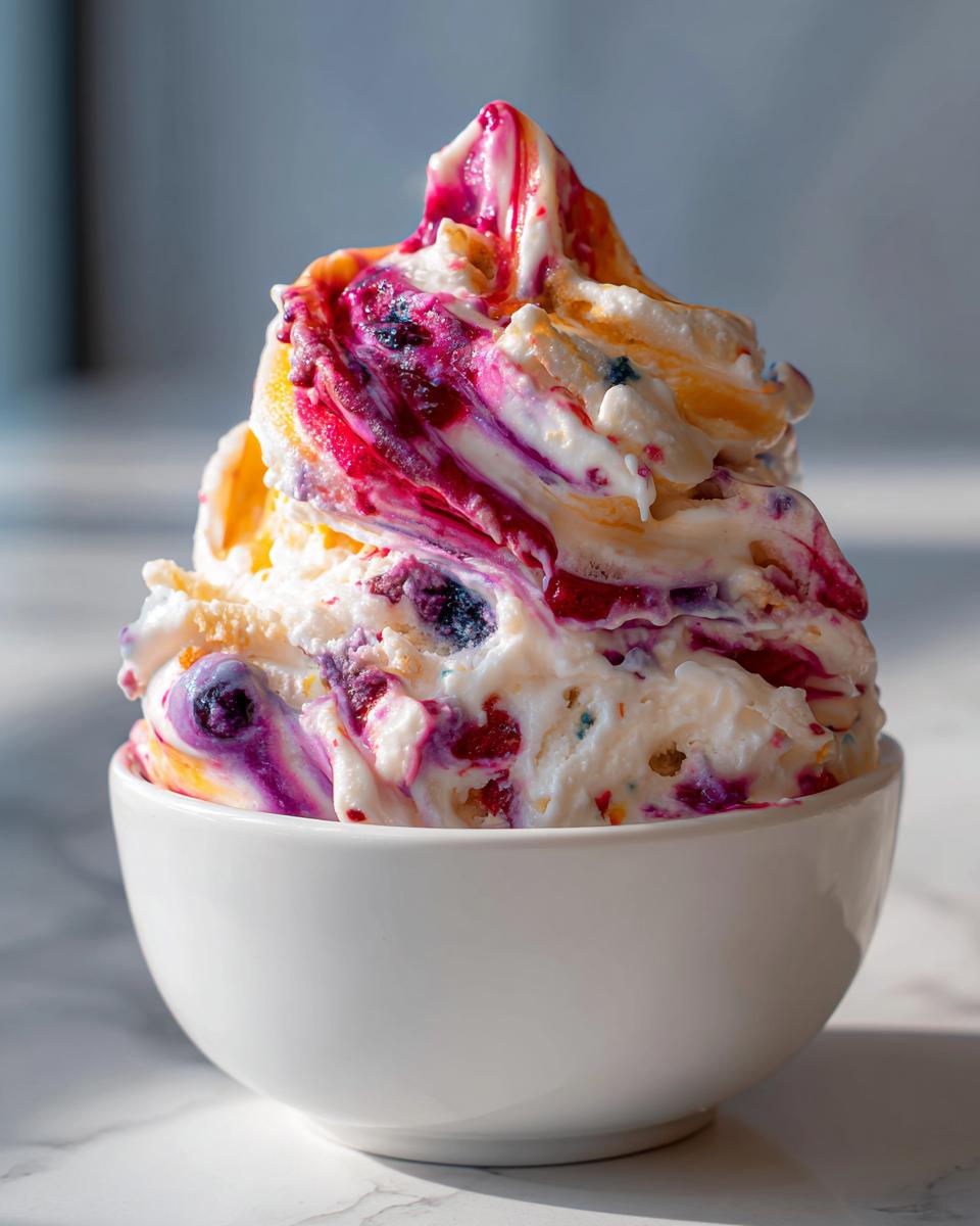 Close-up of a bowl of fruit roll-up ice cream with colorful swirls and fruit pieces.