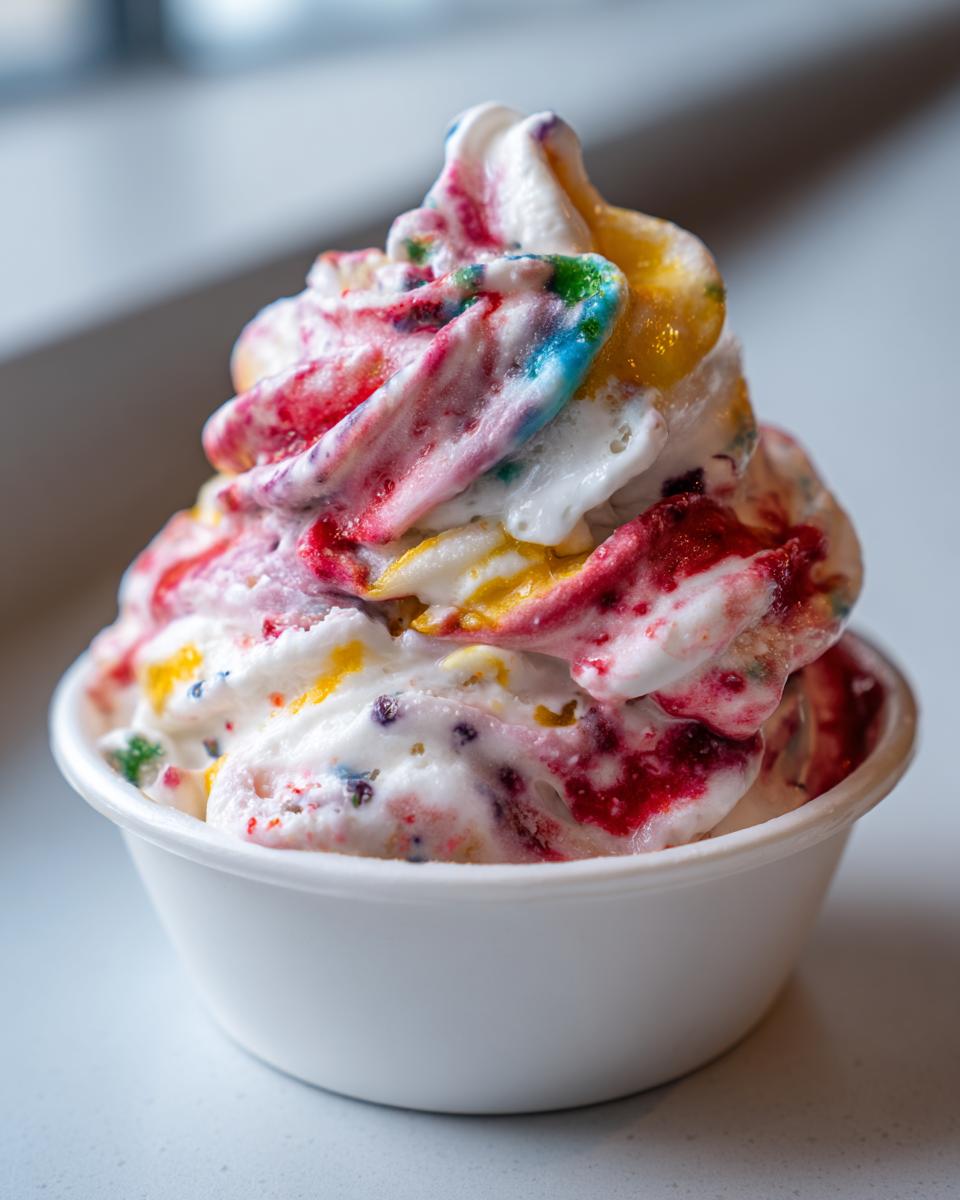 Close-up of fruit roll-up ice cream in a white bowl, showing colorful swirls and sprinkles.