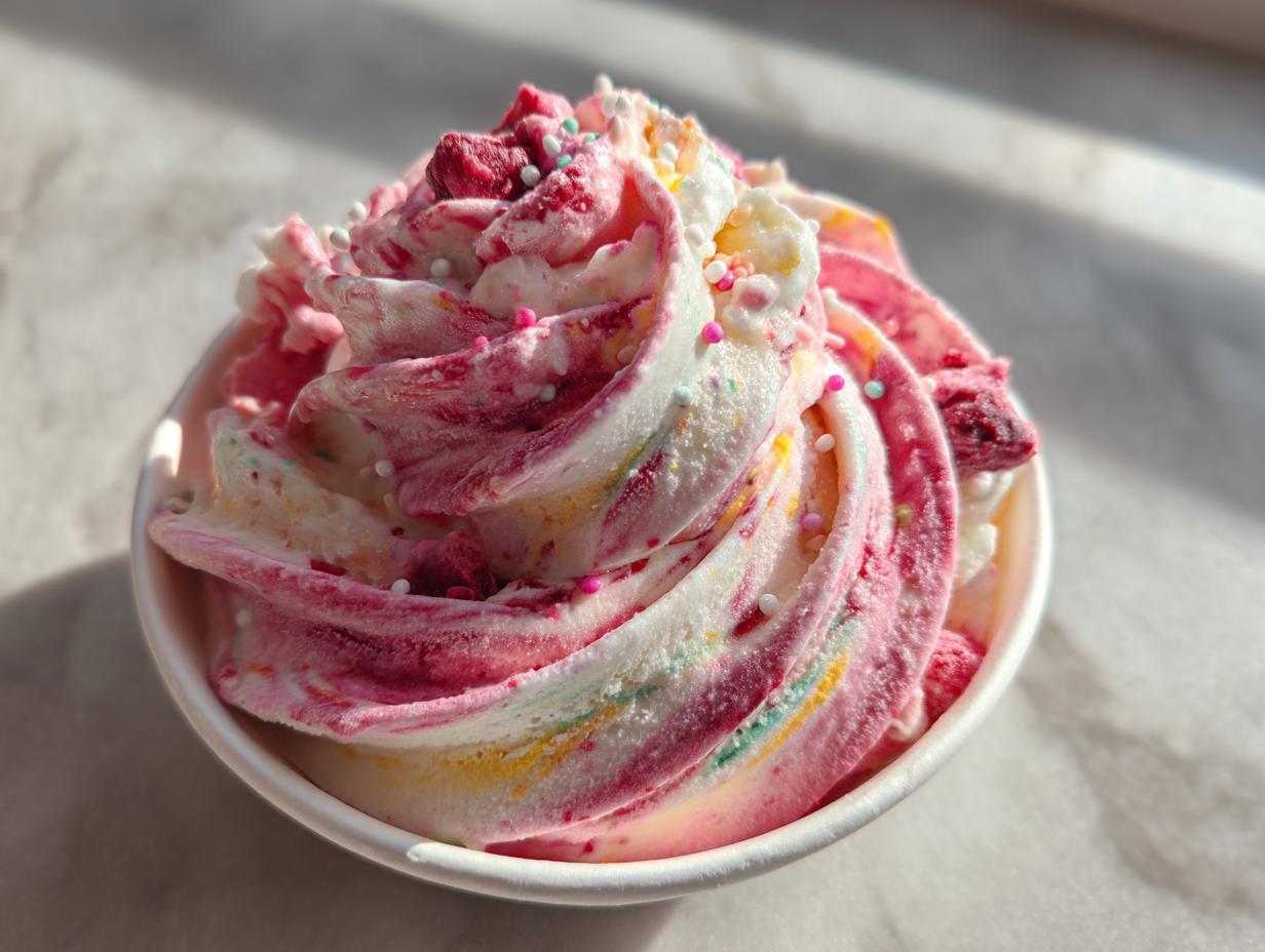 Close-up of fruit roll-up ice cream with swirls of pink, white, and yellow, topped with sprinkles and dried fruit.