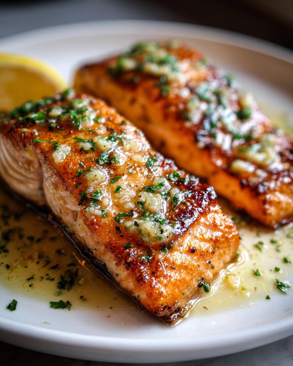 Two fillets of Garlic Butter Salmon on a white plate, garnished with parsley and a lemon wedge.