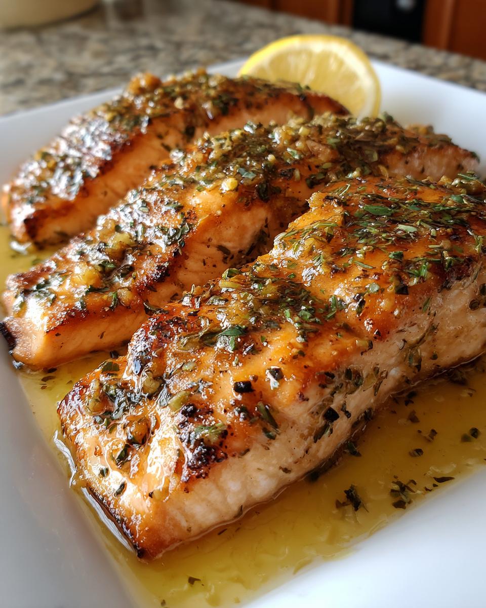 Three Garlic Butter Salmon fillets on a white plate, garnished with a lemon wedge and herbs.