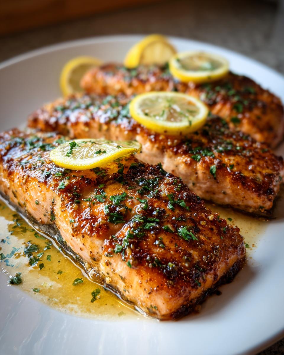 Three fillets of Garlic Butter Salmon on a white plate, garnished with lemon slices and fresh parsley.