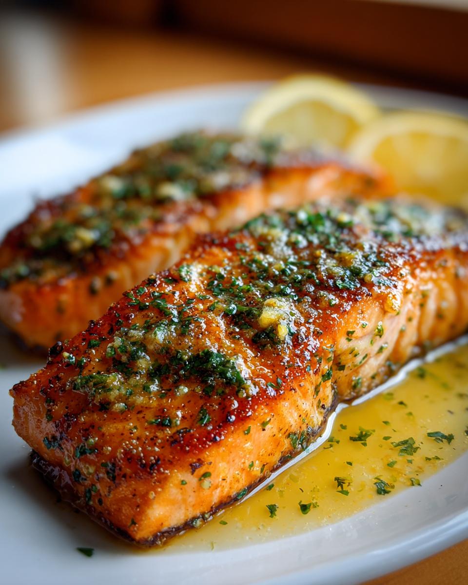 Two fillets of Garlic Butter Salmon on a white plate, garnished with lemon wedges and fresh herbs.