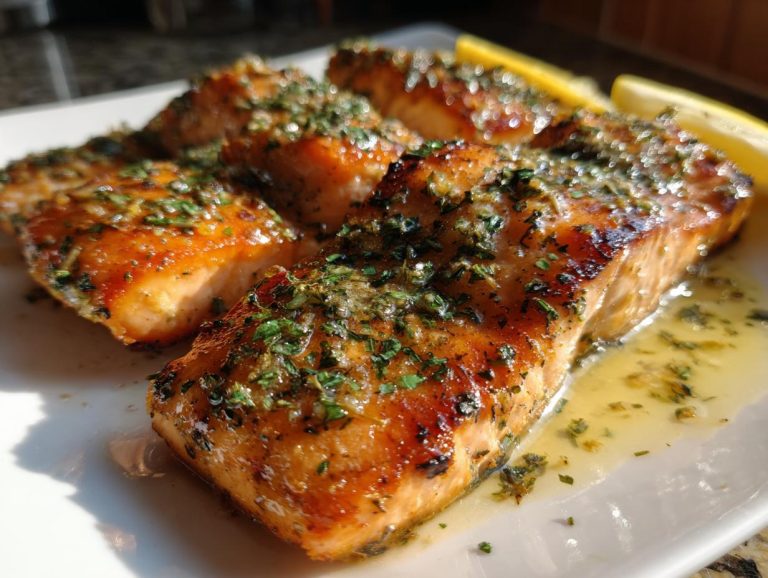 Close-up of Garlic Butter Salmon fillets on a white plate, garnished with herbs and lemon wedges.