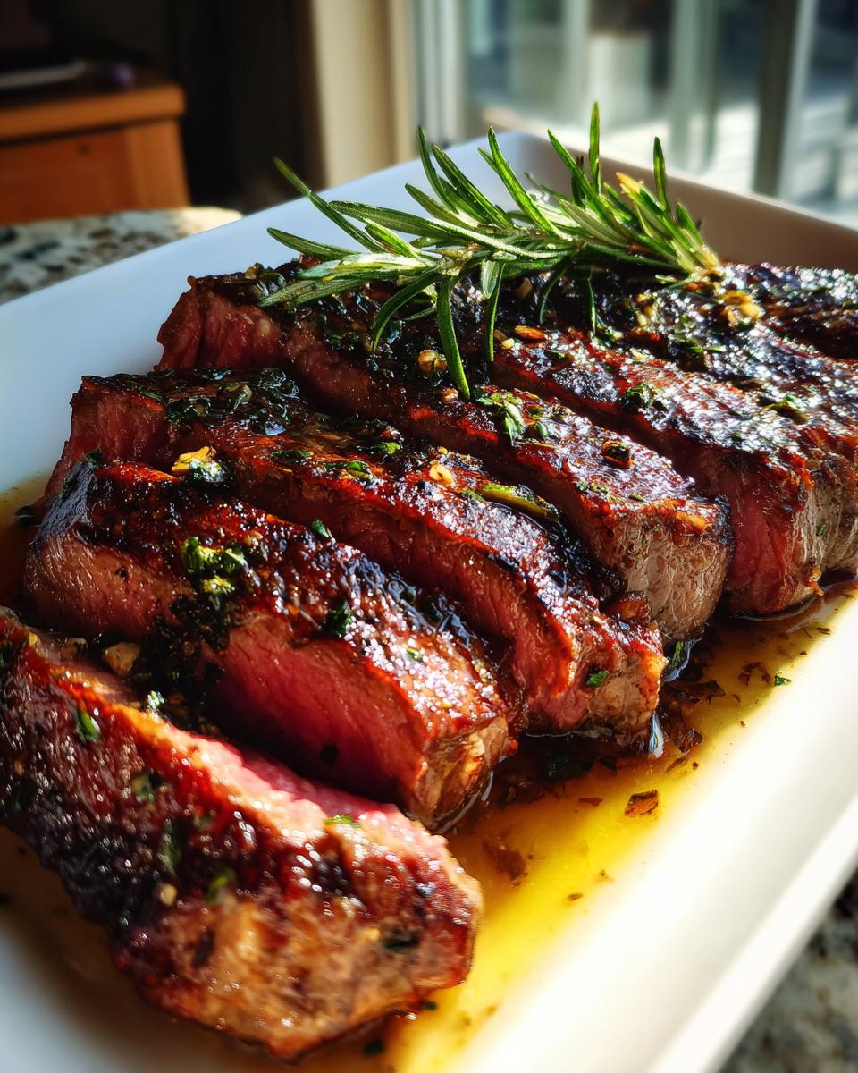 Sliced steak with Garlic Herb Steak Marinade, garnished with rosemary. Close-up of juicy, medium-rare steak.