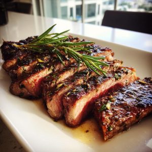 Sliced steak with Garlic Herb Steak Marinade, garnished with fresh rosemary, on a white plate.