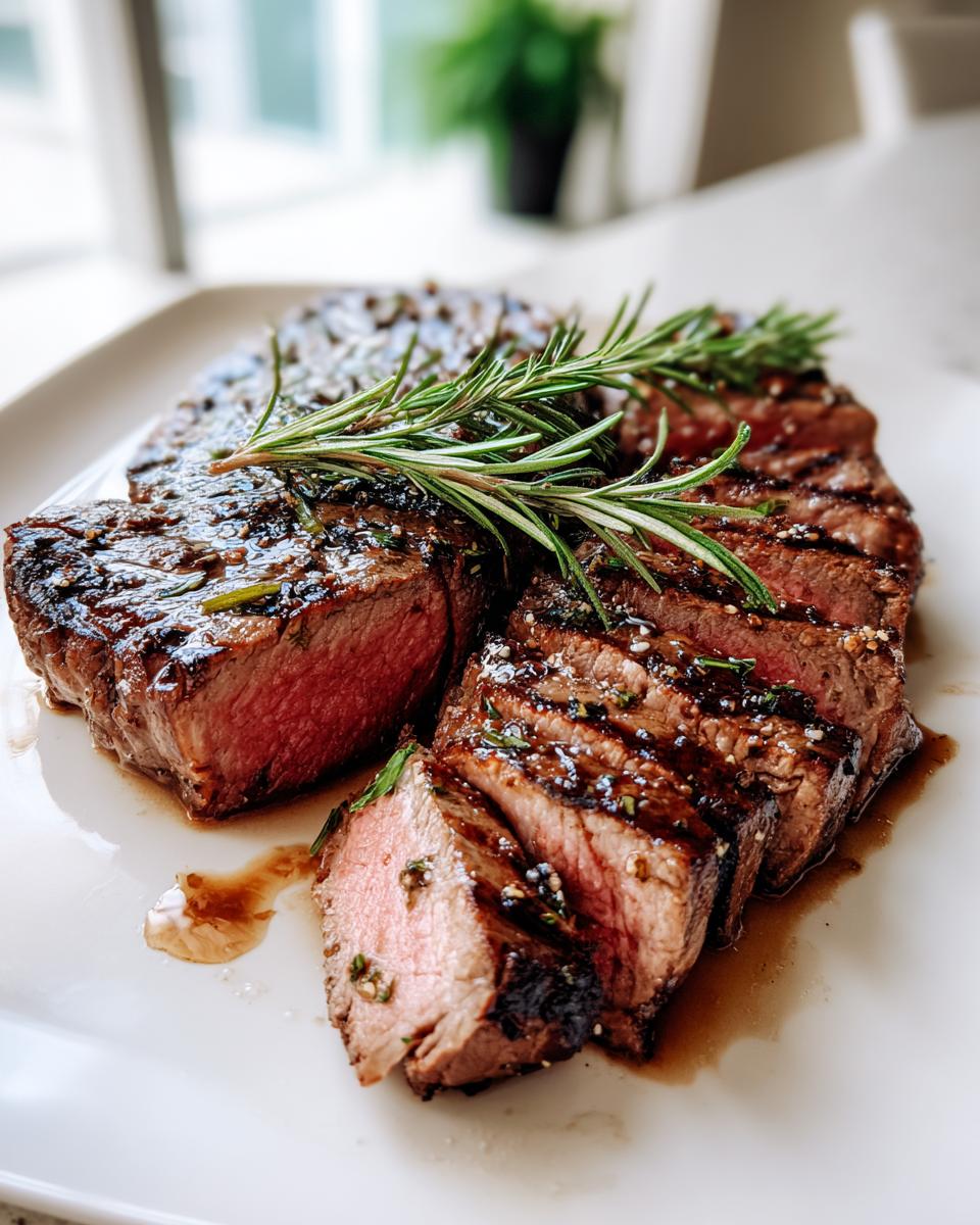 Perfectly cooked steak slices with Garlic Herb Steak Marinade, garnished with fresh rosemary.