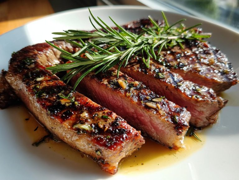 Sliced steak marinated in Garlic Herb Steak Marinade, garnished with fresh rosemary.
