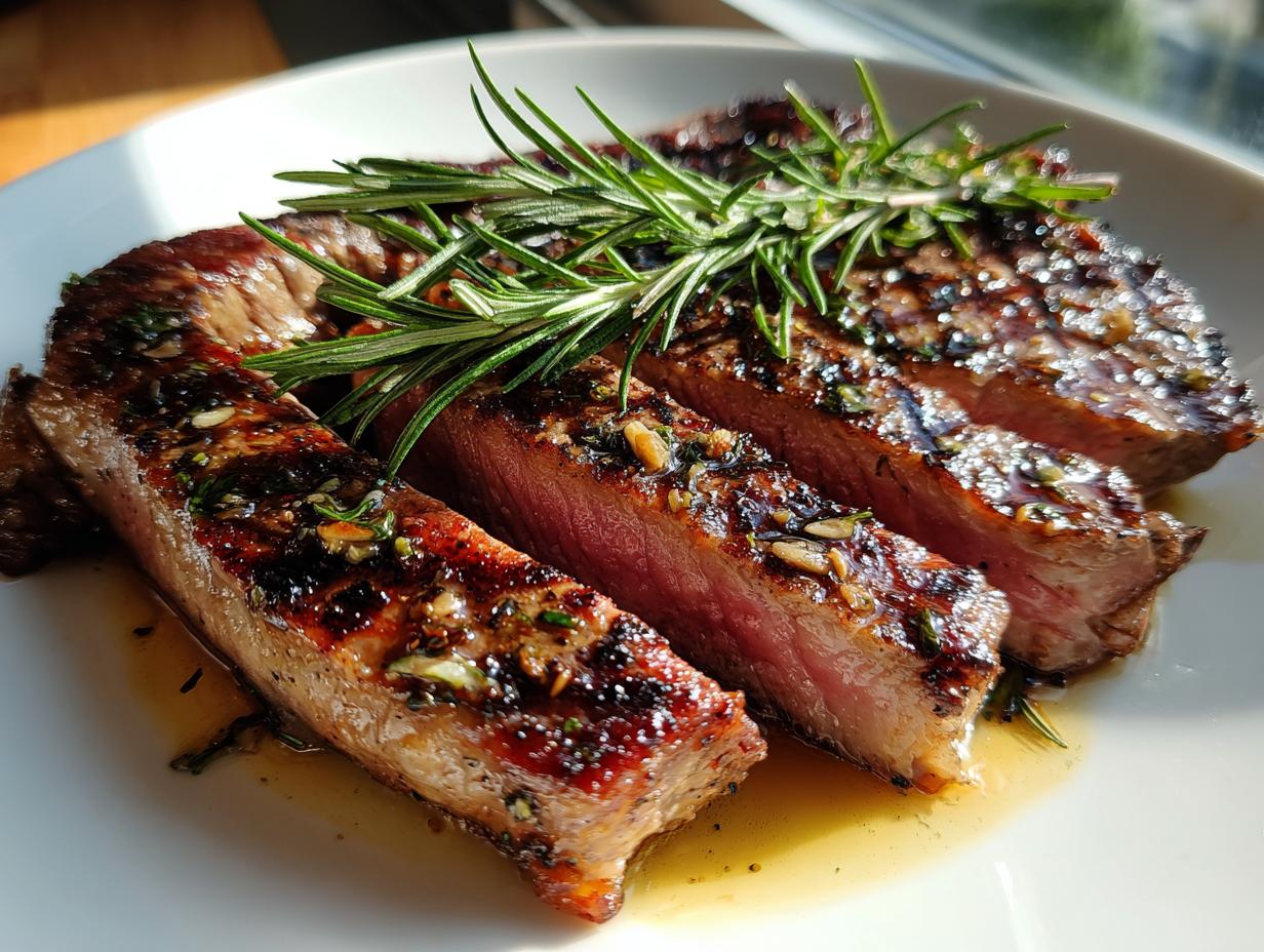 Sliced steak marinated in Garlic Herb Steak Marinade, garnished with fresh rosemary.