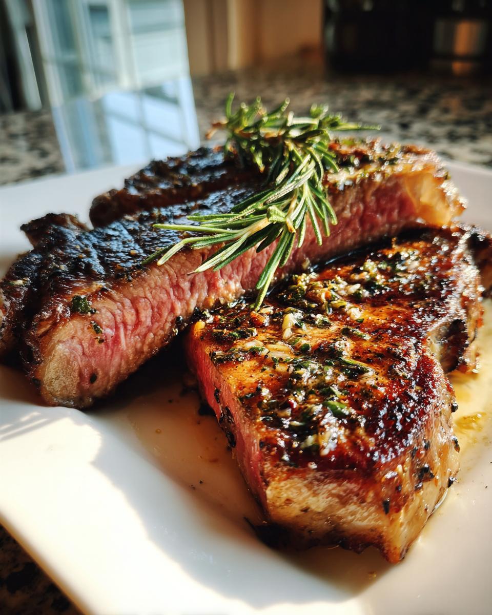 Close-up of a juicy steak marinated in Garlic Herb Steak Marinade, garnished with rosemary.