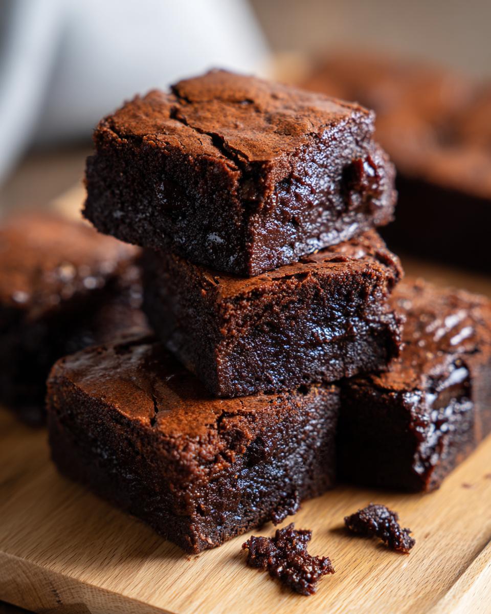 A stack of fudgy Gluten-Free Brownies on a wooden board, showcasing their rich, dark chocolate texture.