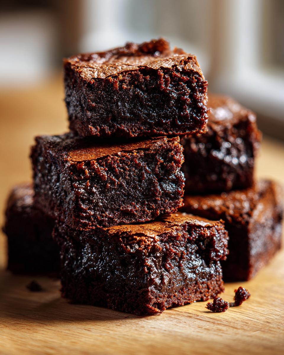 A stack of delicious, fudgy Gluten-Free Brownies on a wooden surface, showcasing their rich, dark chocolate texture.