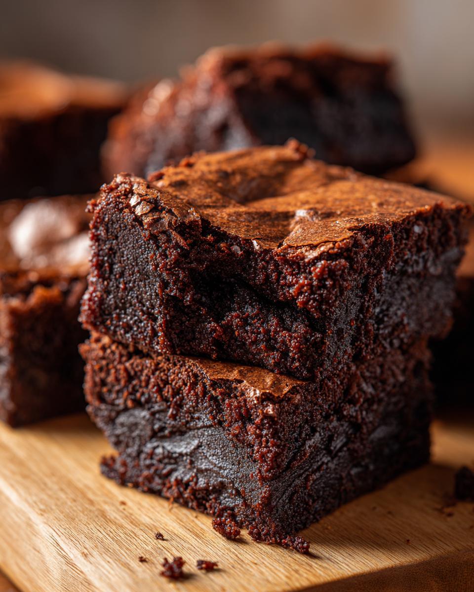 A stack of rich, fudgy Gluten-Free Brownies on a wooden board, showcasing their texture and dark chocolate color.