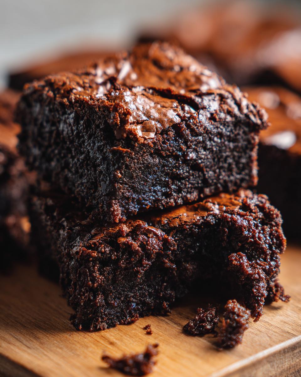 Close-up of stacked gluten-free brownies on a wooden board, showcasing their rich, fudgy texture.