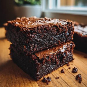 Two stacked Gluten-Free Brownies on a wooden surface, showcasing their fudgy texture.