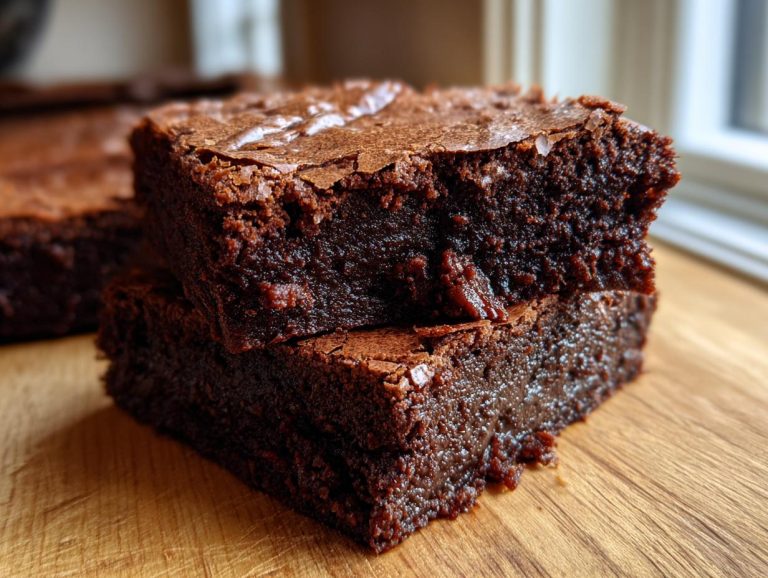 Two fudgy Gluten-Free Brownies stacked on a wooden surface, showcasing their rich, dark chocolate texture.